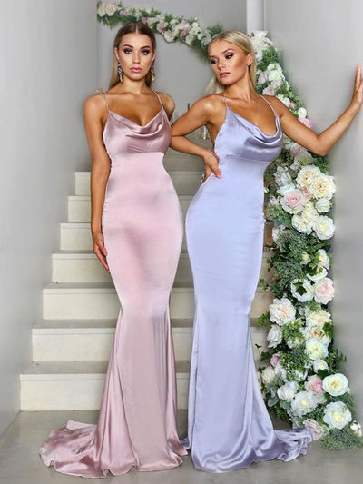 Mermaid Spaghetti Straps Open Back Blush Pink Satin Long Bridesmaid Dresses
