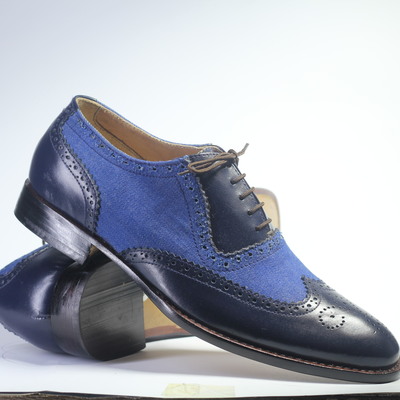 Handmade blue wing tip brogue leather & denim lace up shoes for men's - Thumbnail 2