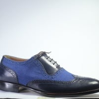 Handmade Blue Wing Tip Brogue Leather & Denim Lace Up Shoes For Men's - Thumbnail 2