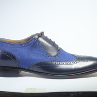 Handmade Blue Wing Tip Brogue Leather & Denim Lace Up Shoes For Men's - Thumbnail 3