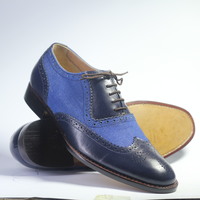 Handmade Blue Wing Tip Brogue Leather & Denim Lace Up Shoes For Men's - Thumbnail 4