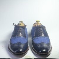 Handmade Blue Wing Tip Brogue Leather & Denim Lace Up Shoes For Men's - Thumbnail 1