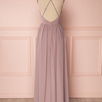 Simple A-Line Deep V Neck Cross Back Blush Chiffon Long Prom Dresses,Bridesmaid Dresses Under 100 - Thumbnail 1