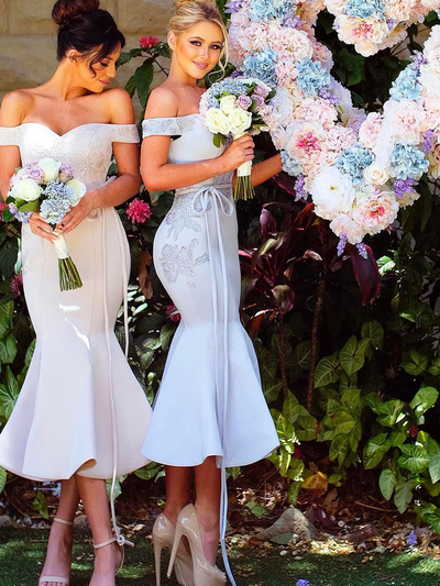 Mermaid Off the Shoulder Open Back Light Grey Satin Ankle Length Bridesmaid Dresses