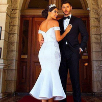 Mermaid Off the Shoulder Open Back Light Grey Satin Ankle Length Bridesmaid Dresses - Thumbnail 1