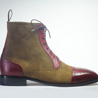 Men's Handmade Ankle High Brown Burgundy Cap Toe Brogue Leather Suede Lace Up Boot - Thumbnail 1