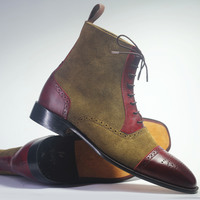 Men's Handmade Ankle High Brown Burgundy Cap Toe Brogue Leather Suede Lace Up Boot - Thumbnail 3