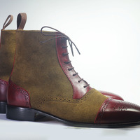 Men's Handmade Ankle High Brown Burgundy Cap Toe Brogue Leather Suede Lace Up Boot - Thumbnail 2