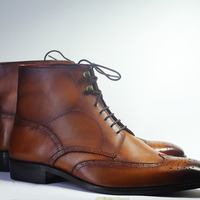 Men's Handmade Ankle High Brown Wing Tip Brogue Leather Lace Up Boot - Thumbnail 1