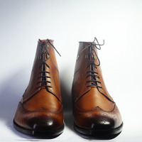 Men's Handmade Ankle High Brown Wing Tip Brogue Leather Lace Up Boot - Thumbnail 2