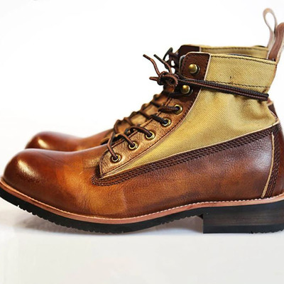 Men's handmade ankle high brown & tan leather & denim lace up boot - Thumbnail 1