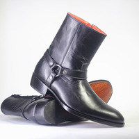 Men's Handmade Ankle High Black Madrid Straps Leather Boot - Thumbnail 2