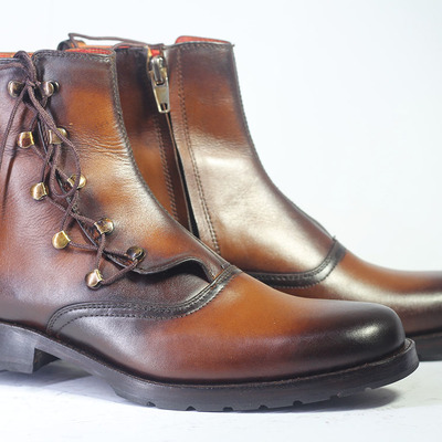 Men's handmade brown ankle high bespoke zide zipper leather boot - Thumbnail 3
