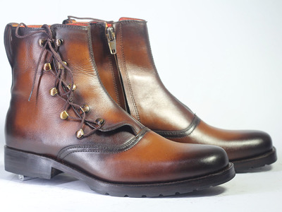 Men's Handmade Brown Ankle High Bespoke Zide Zipper Leather Boot