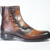 Men's Handmade Brown Ankle High Bespoke Zide Zipper Leather Boot - Thumbnail 3