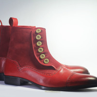 Men's Handmade Burgundy Ankle High Cap Toe Button Top Leather Suede Boot - Thumbnail 2