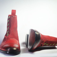 Men's Handmade Burgundy Ankle High Cap Toe Button Top Leather Suede Boot - Thumbnail 1