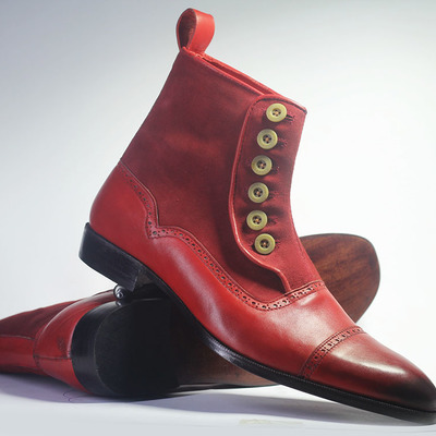 Men's handmade burgundy ankle high cap toe button top leather suede boot - Thumbnail 3