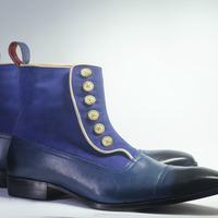 Men's Handmade Blue Ankle High Cap Toe Button Top Leather Suede Boot - Thumbnail 3