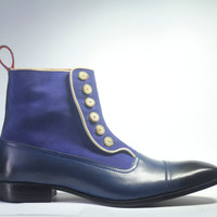 Men's Handmade Blue Ankle High Cap Toe Button Top Leather Suede Boot - Thumbnail 2