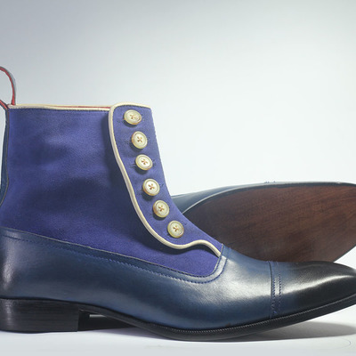 Men's handmade blue ankle high cap toe button top leather suede boot - Thumbnail 3