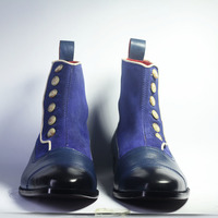 Men's Handmade Blue Ankle High Cap Toe Button Top Leather Suede Boot - Thumbnail 1
