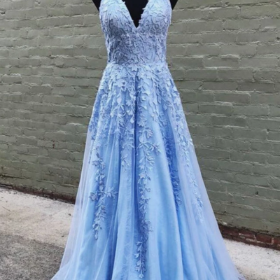 A line spaghetti straps appliques long blue prom dresses,sexy evening dress - Thumbnail 4