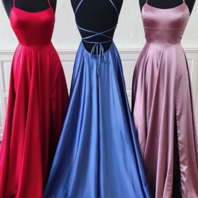 Simple criss cross back long prom dresses, senior evening dresses with split - Thumbnail 5