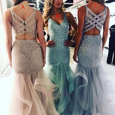 V neck criss cross mermaid prom dresses with beaded - Thumbnail 4