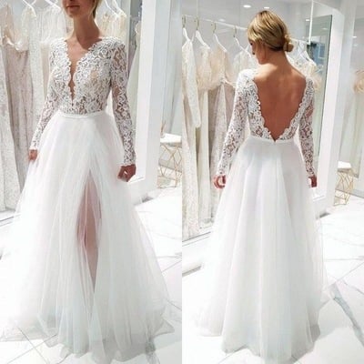 Deep v neck wedding dresses with sleeves split side tulle bridal gowns - Thumbnail 4