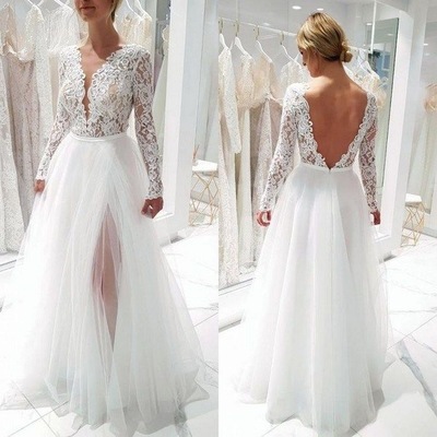 Deep V Neck Wedding Dresses with Sleeves Split Side Tulle Bridal Gowns