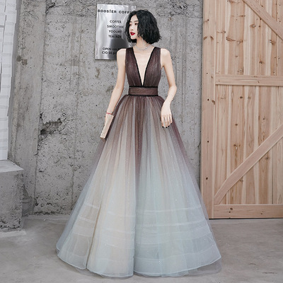 Unique v neck tulle long prom dress - Thumbnail 5