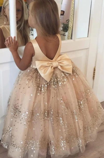 Lovely Sparkly Champagne Long Flower Girl Dress with Bow on the Back