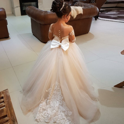 Cute round neck light champagne tulle/lace flower girl dress with bow