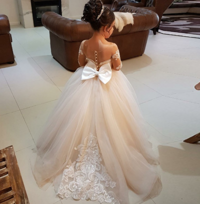 Cute Round Neck Light Champagne Tulle/Lace Flower Girl Dress With Bow