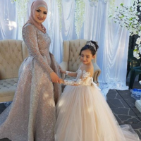 Cute Round Neck Light Champagne Tulle/Lace Flower Girl Dress With Bow - Thumbnail 1