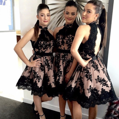 Charming open back short prom/bridemsiad dress with black lace - Thumbnail 2