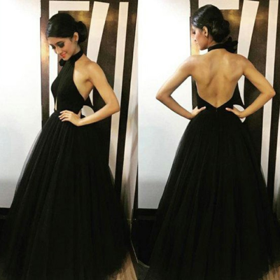Halter a-line backless sexy black tulle prom dress,evening dress - Thumbnail 5