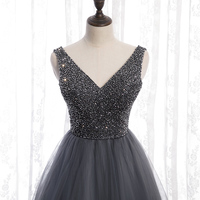 Gray v neck tulle beads long prom dress - Thumbnail 1