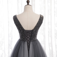 Gray v neck tulle beads long prom dress - Thumbnail 2