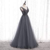 Gray v neck tulle beads long prom dress - Thumbnail 3
