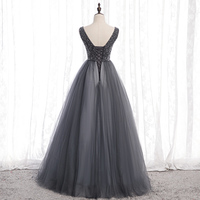 Gray v neck tulle beads long prom dress - Thumbnail 4