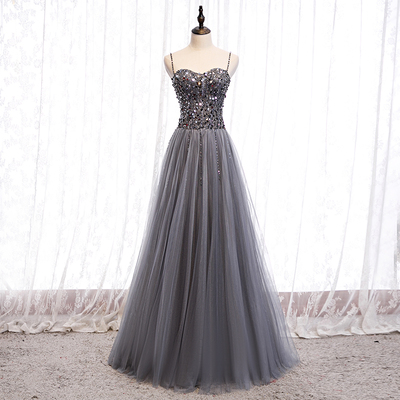 Gray tulle sequins long prom dress - Thumbnail 4