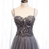 Gray tulle sequins long prom dress - Thumbnail 1