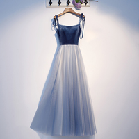 Blue velvet tulle long prom dress - Thumbnail 3