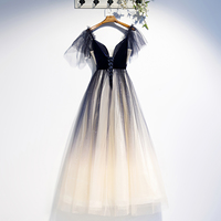 Blue v neck velvet tulle long prom dress - Thumbnail 1