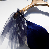 Blue v neck velvet tulle long prom dress - Thumbnail 4