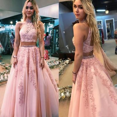 Two pieces prom dresses high neck hollow back lace appliques vestido de fiesta long formal evening party dress