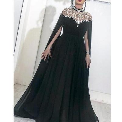 Black muslim evening dresses high neck caped crystals chiffon dubai kftan saudi arabic formal evening gown long prom dress