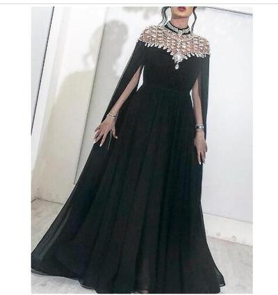 Black Muslim Evening Dresses High Neck Caped Crystals Chiffon Dubai Kftan Saudi Arabic Formal Evening Gown Long Prom Dress